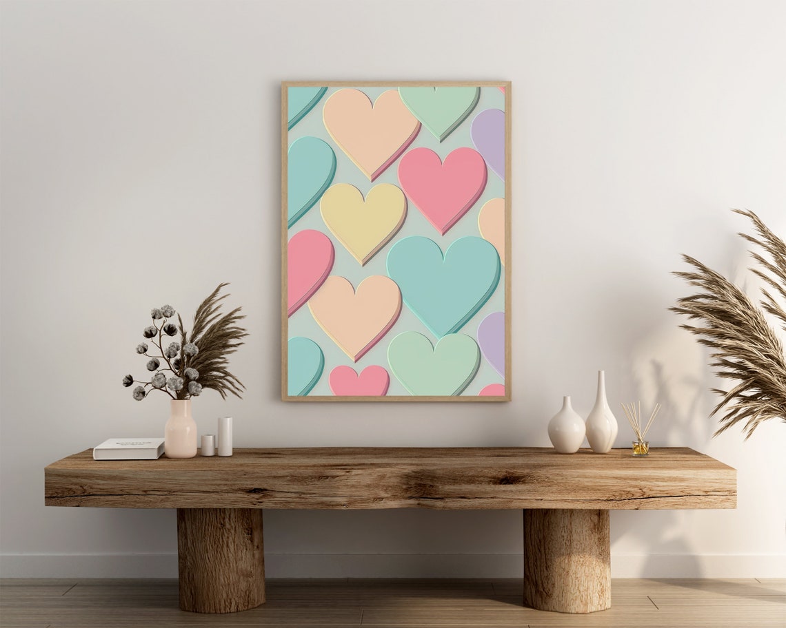 Retro 3D Layered Pastel Hearts Sage Green Romantic Gift Art Poster - Image 3