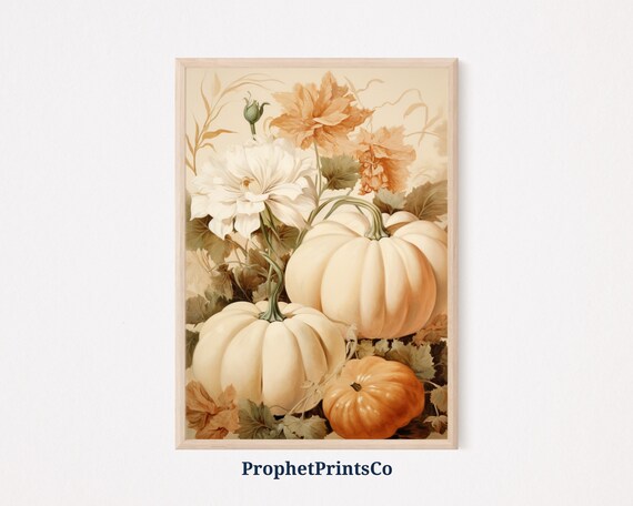 White Pumpkins And Blush Flowers Vintage Fall Botanical Poster