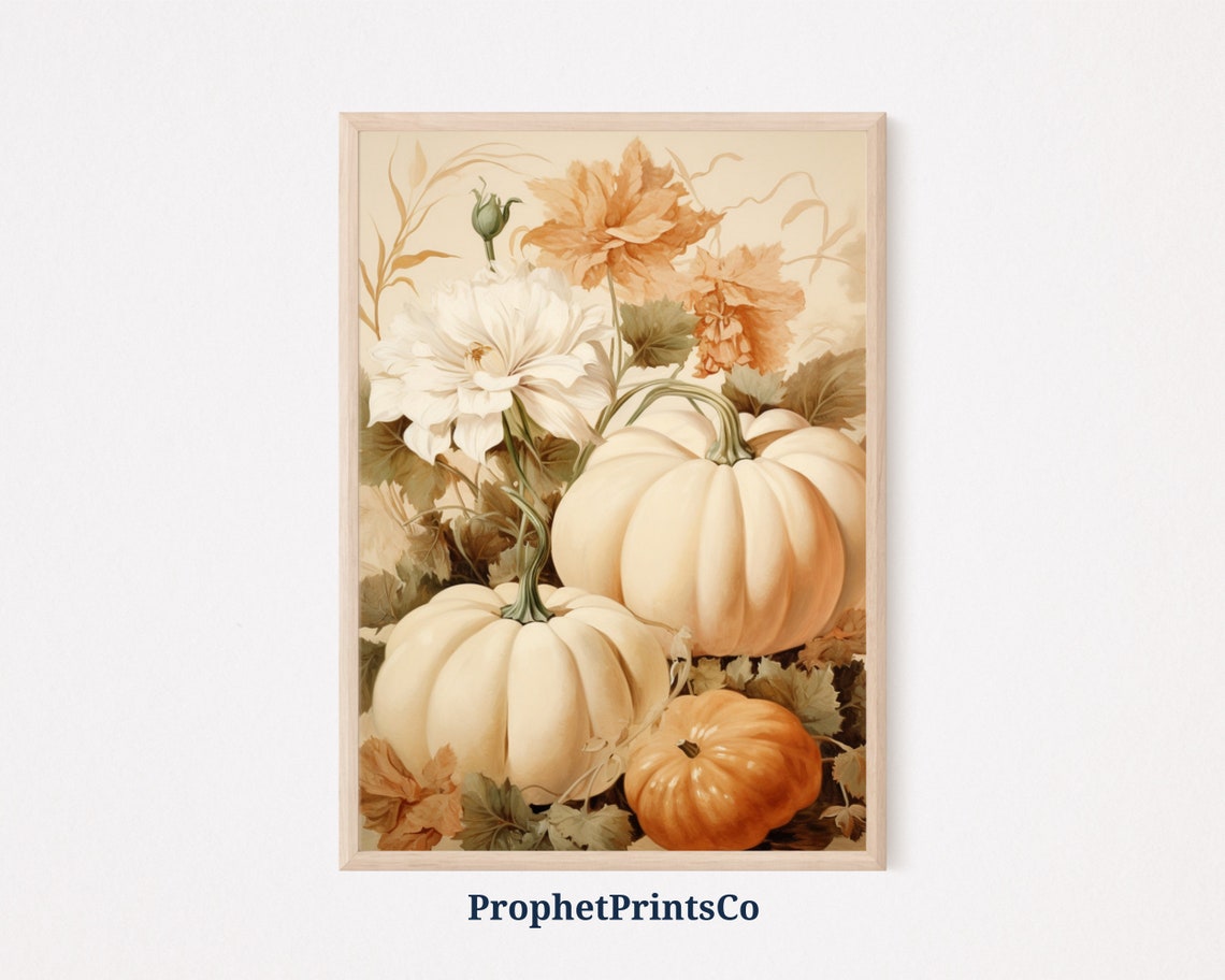 White Pumpkins And Blush Flowers Vintage Fall Botanical Poster