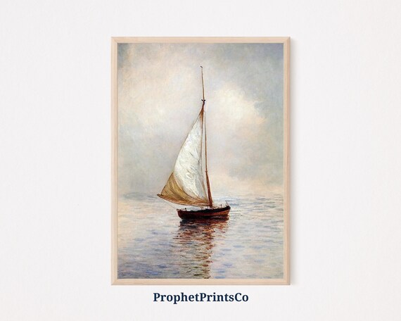 Lone Sailboat on a Misty Calm Sea Impressionist Painting Poster