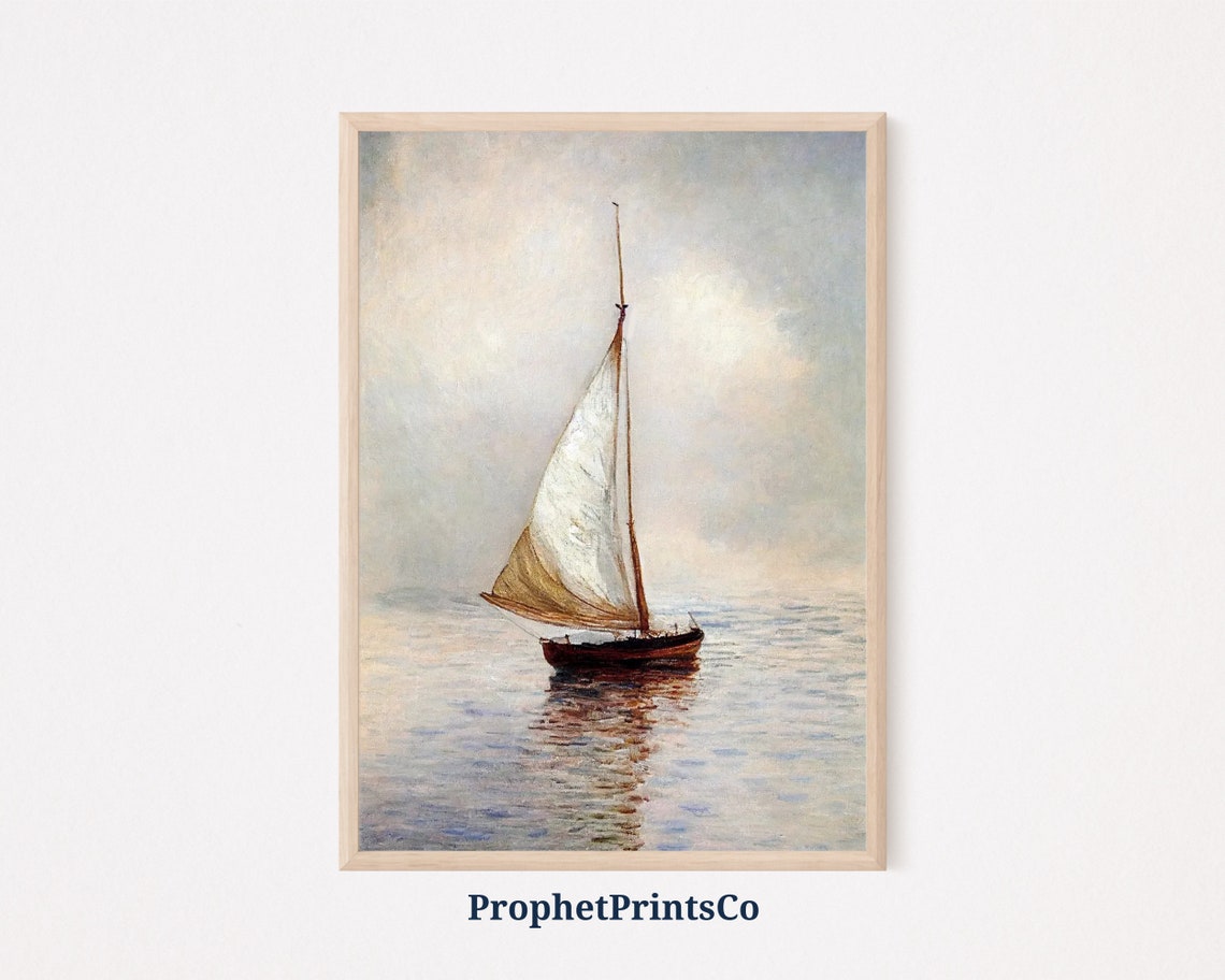 Lone Sailboat on a Misty Calm Sea Impressionist Painting Poster