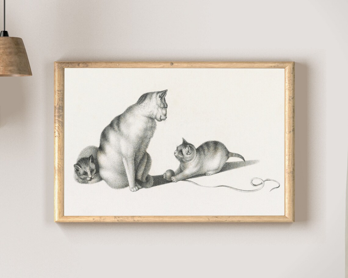 Mother Cat With Kittens Vintage Pencil Sketch Tender Moment Poster - Image 2