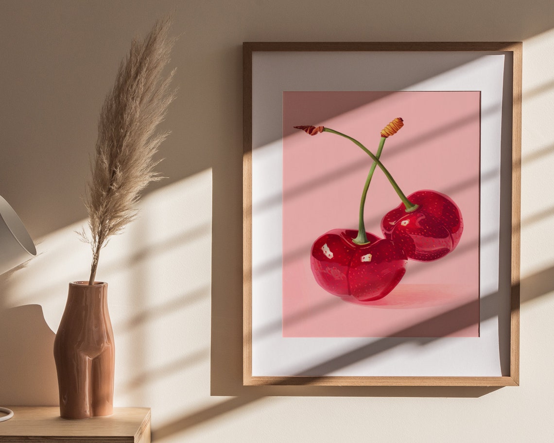 Juicy Red Cherries Swirl Stems Pink Background Pop Kitchen Poster - Image 4