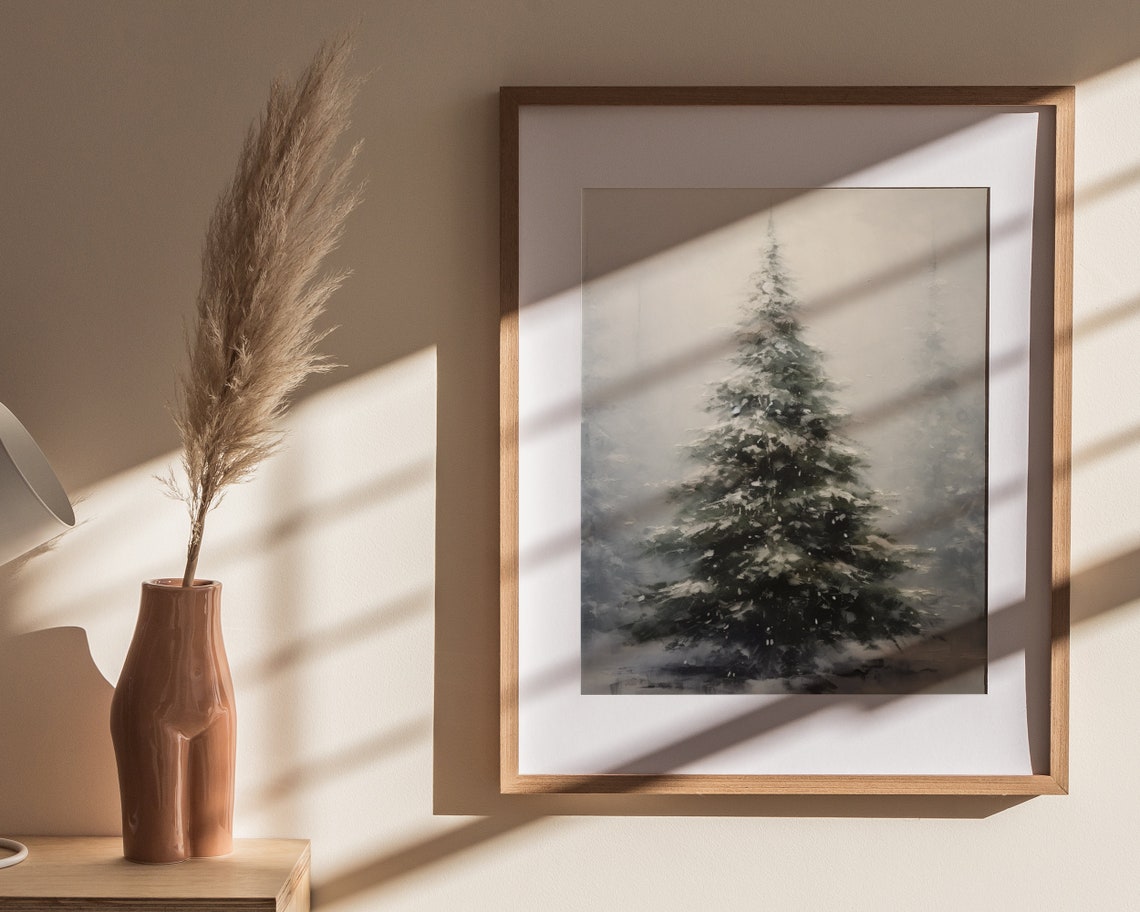 Snowy Pine Tree Misty Winter Minimalist Oil Painting Wall Poster - Image 4