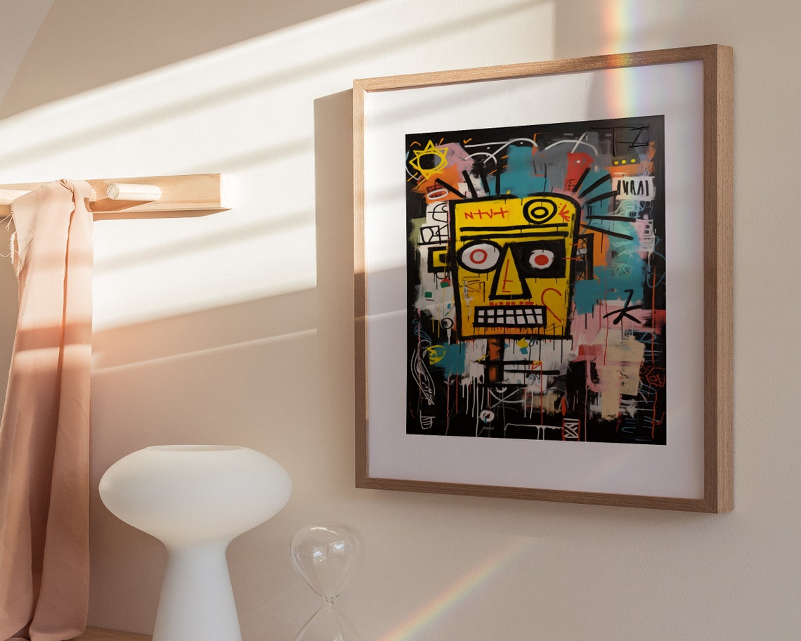 Basquiat Inspired Yellow Tribal Face Graffiti Bold Urban Art Poster - Image 3
