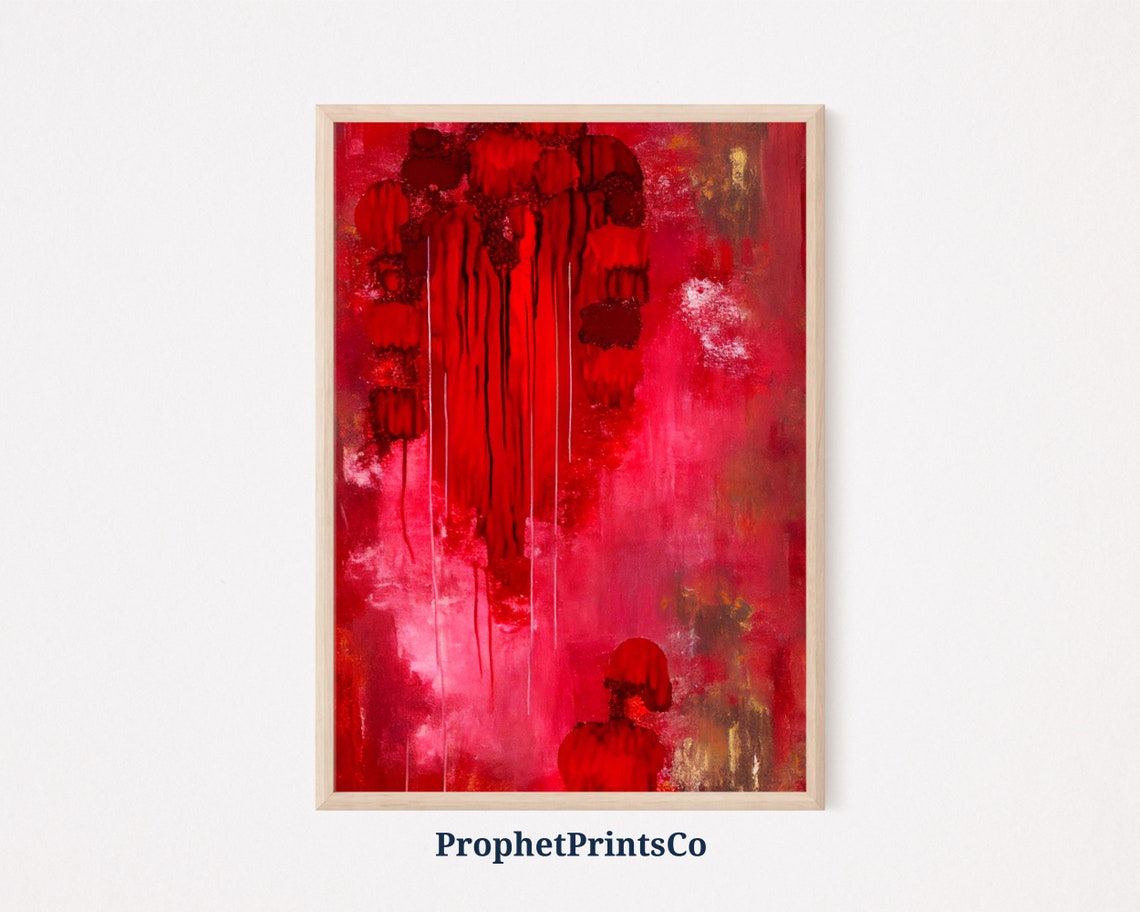 Red Abstract Drip Paint Dark Streaks Expressive Bold Modern Art Poster