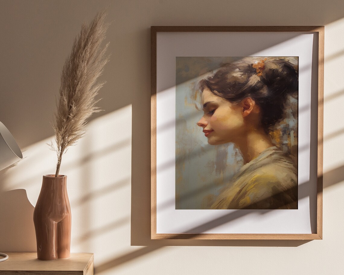 Woman Profile Portrait Orange Flower Gold Shawl Oil Painting Poster - Image 4