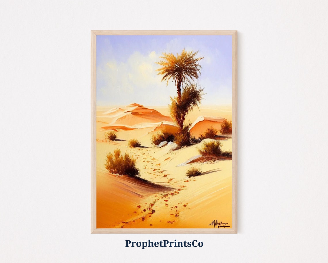 Lone Palm Tree Over Sand Dunes With Footprints Desert Serenity Poster