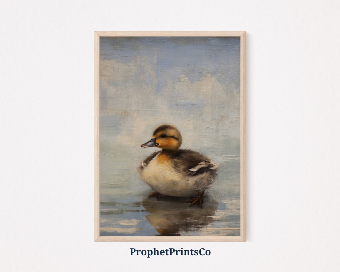 Baby Duckling on Quiet Water Vintage Style Oil Painting Poster