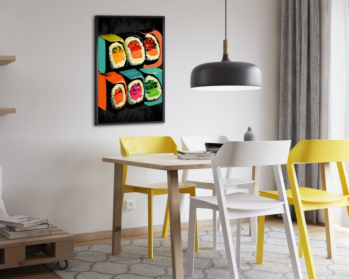 Pop Art Sushi Poster Stacked Salmon Rolls on Dramatic Black Design - Image 2