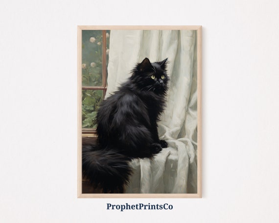 Black Cat Art Print Dark Academia Decor Cute Black Cat Gift Black Cat Poster Cat Wall Art Wall Art
