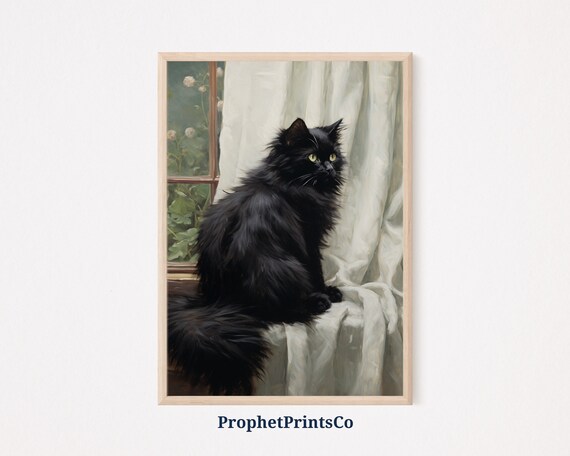 Black Cat Sitting By Sunlit Window Vintage Oil Painting Poster