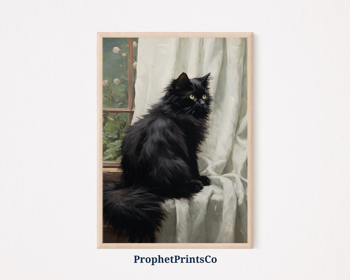 Black Cat Sitting By Sunlit Window Vintage Oil Painting Poster