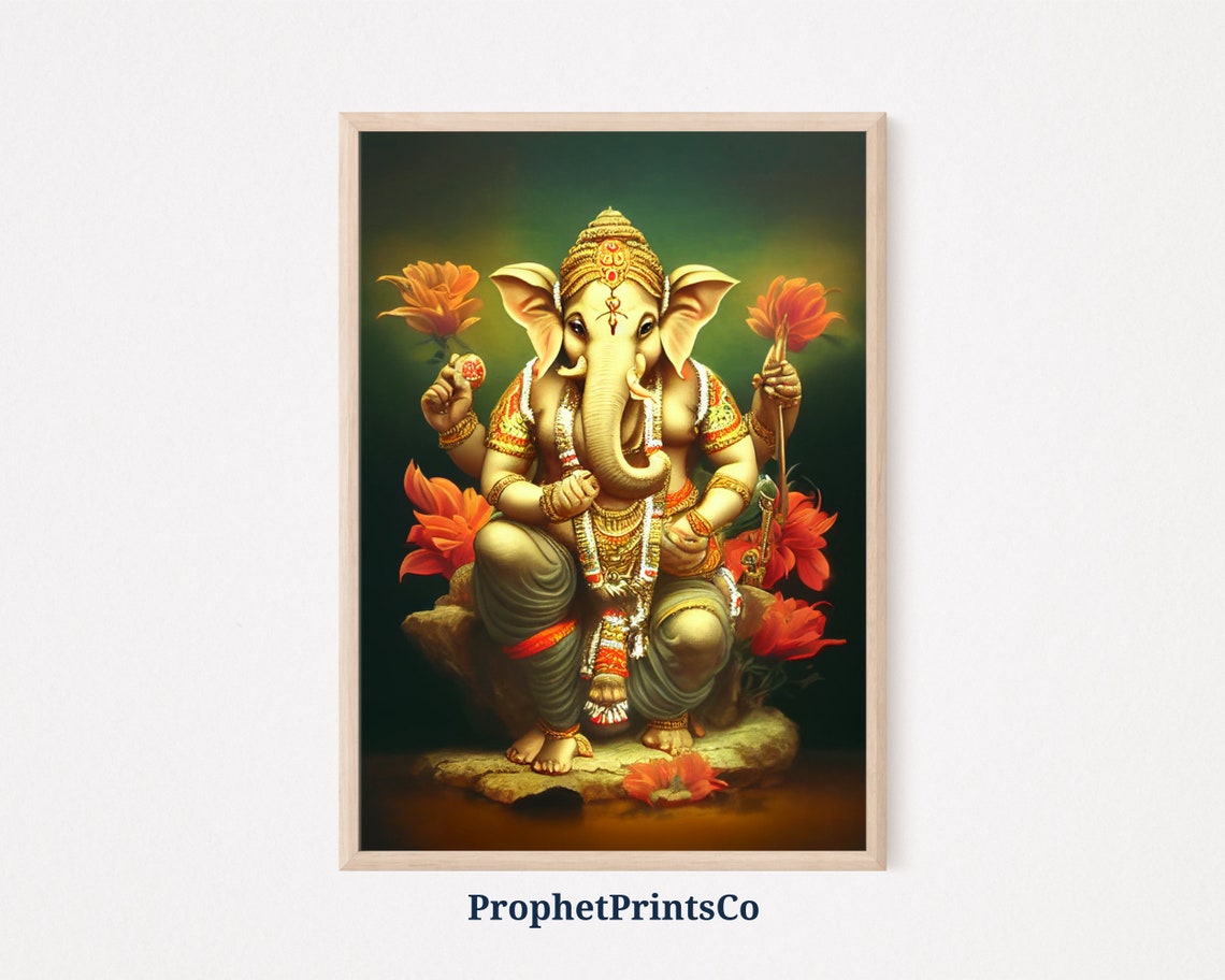 Lord Ganesha Golden Statue Hindu Elephant God Floral Divine Poster