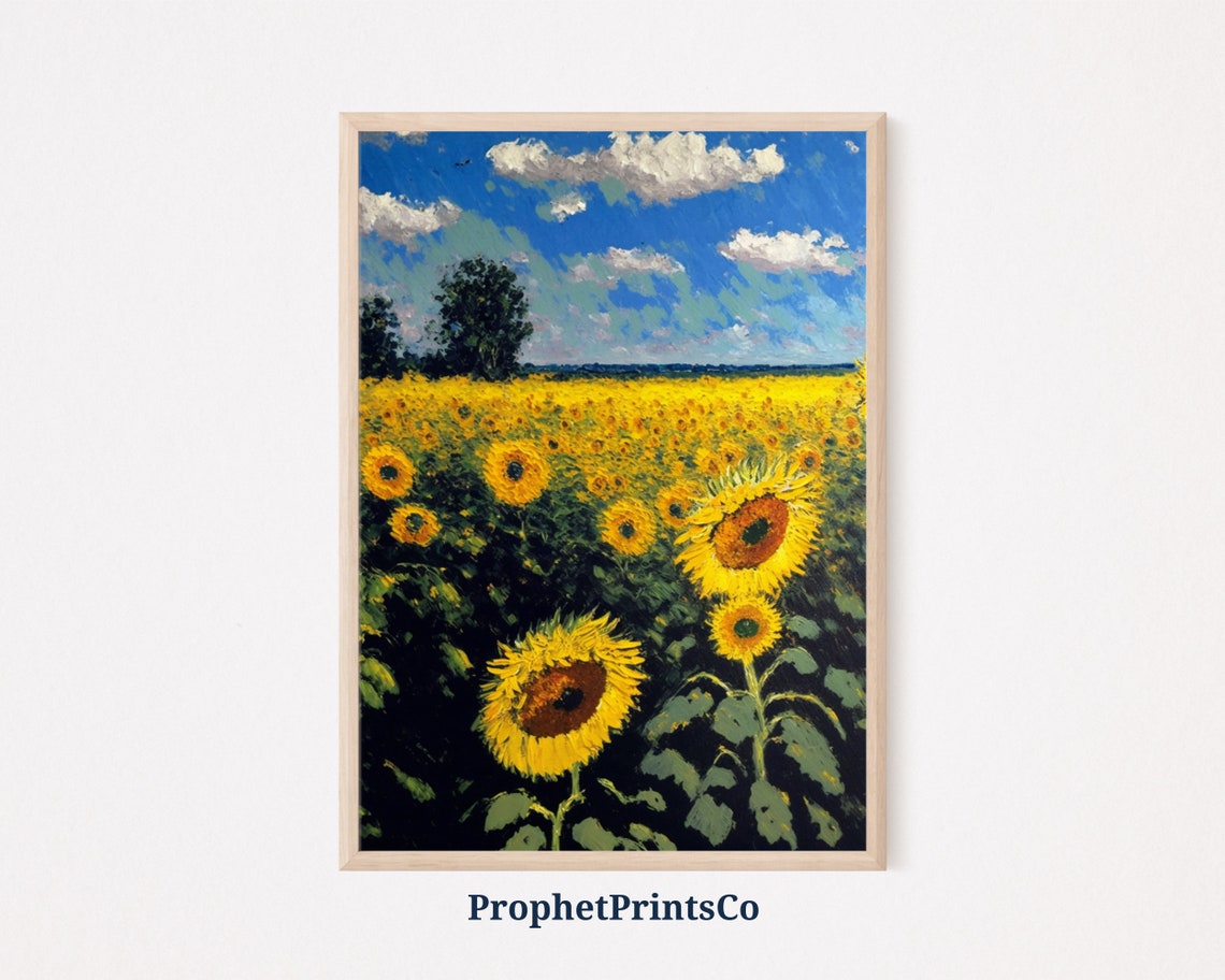 Vast Sunflower Field Under a Bright Blue Summer Sky Oil Style Poster