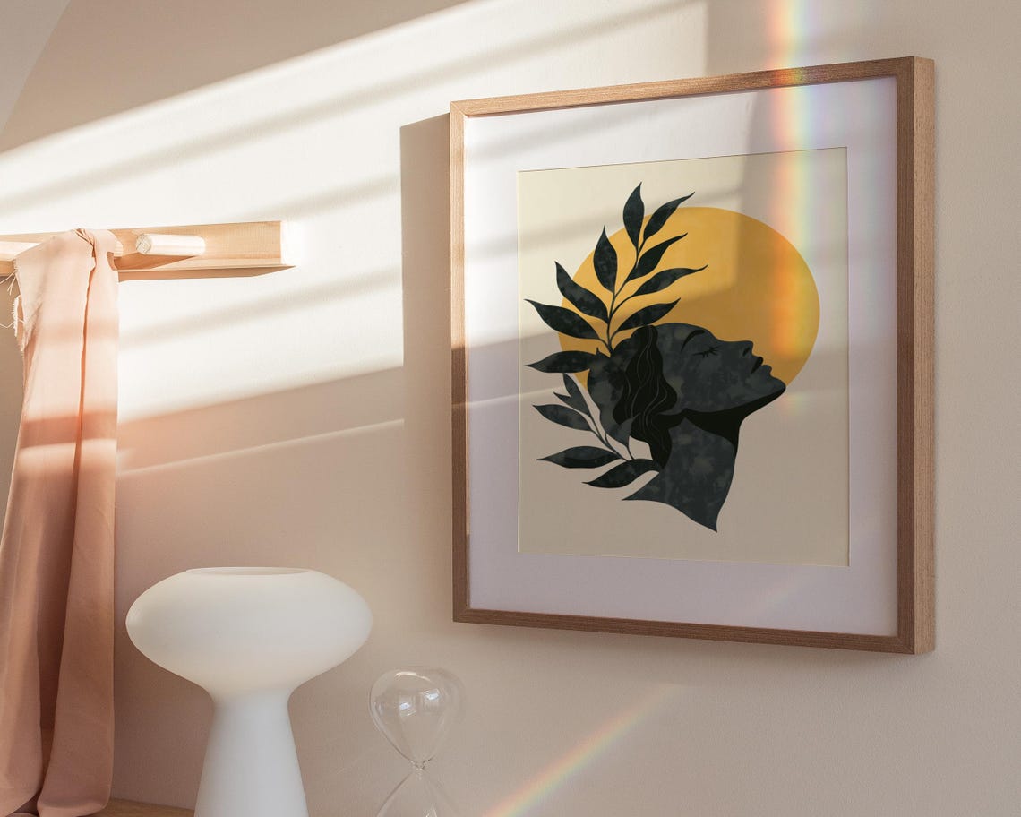 Abstract Woman Profile Leaves Silhouette Orange Sun Boho Modern Poster - Image 3