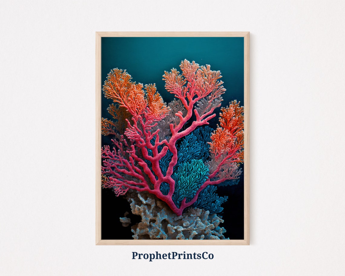 Vivid Bright Pink Coral Tree Branching on Rock Deep Ocean Poster