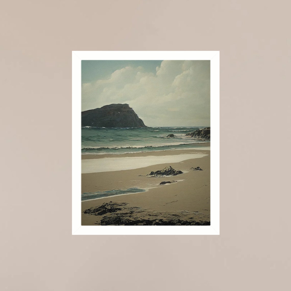 Muted Rocky Beach Cliffs Vintage Oil Painting Coastal Scene Poster - Image 3