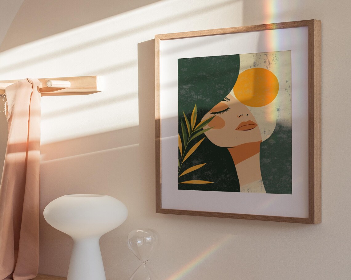Sunlit Woman Profile Bold Colors Orange Sun Green Hair Modern Art Poster - Image 3