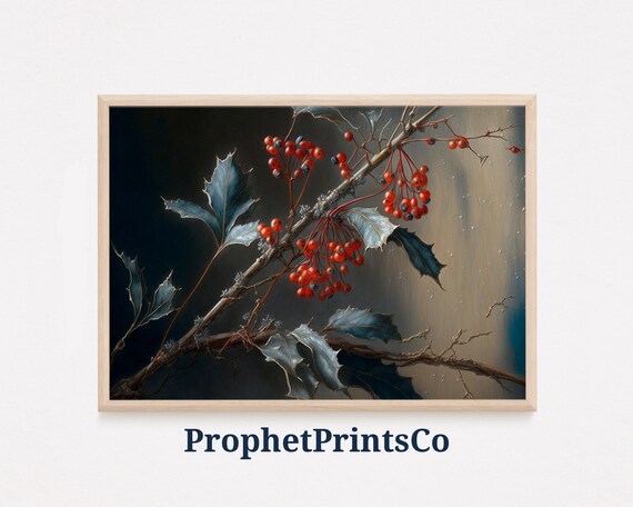 Dark Moody Winter Berry Branch Frosted Holly Still Life Poster