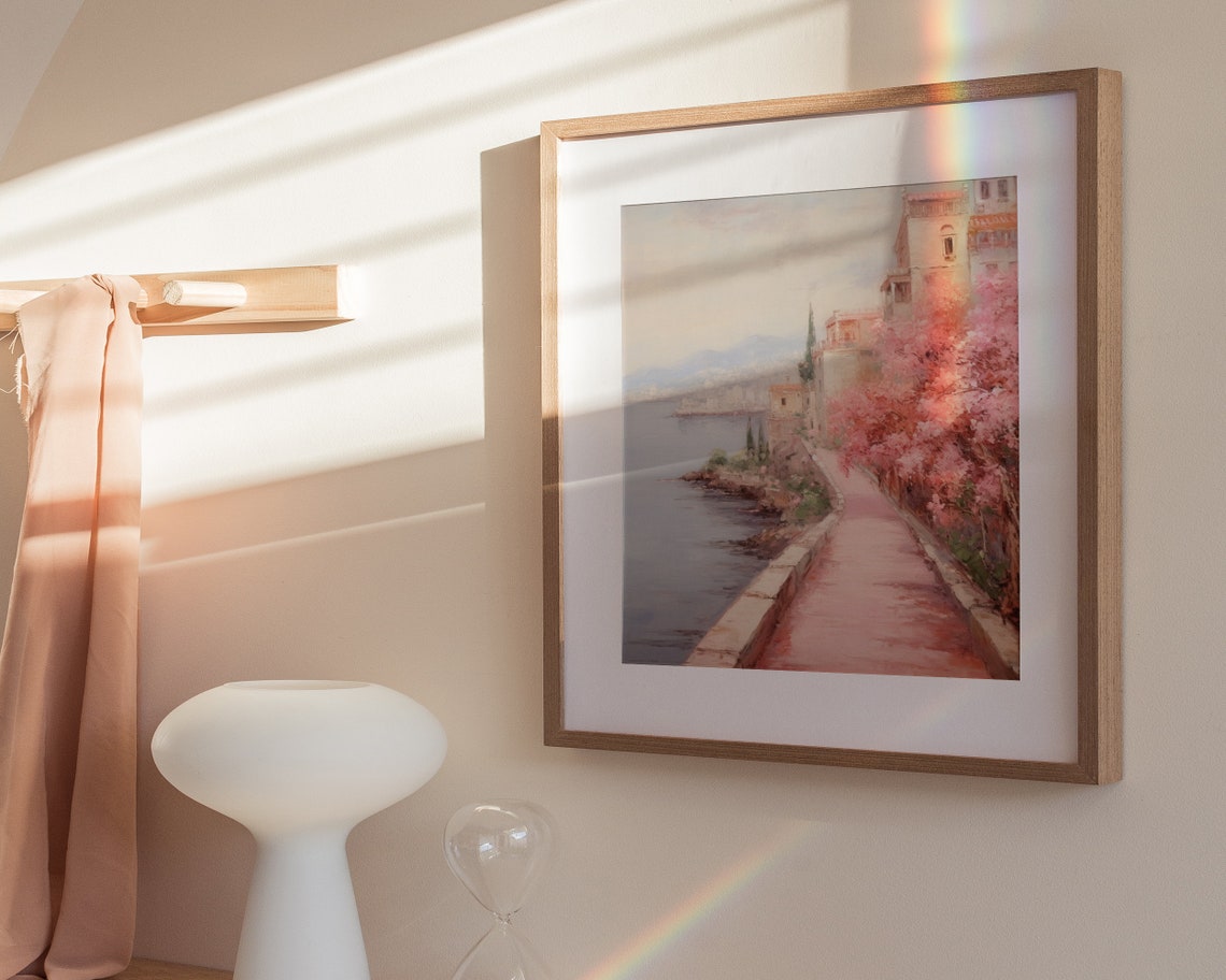 Pink Blossom Seaside Path Whitewashed Village Painting Poster - Image 3