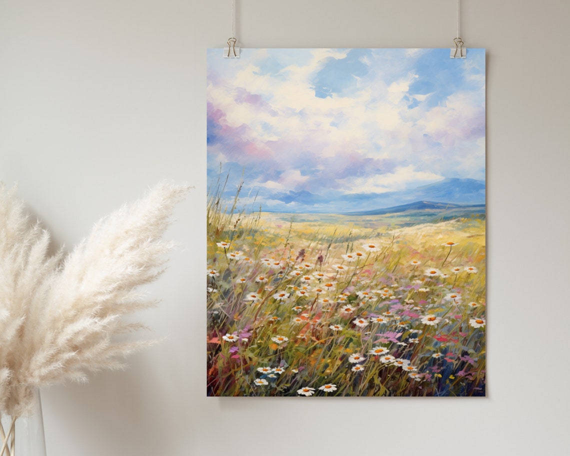 Wildflower Meadow Daisy Landscape Oil Painting Style Art Poster - Image 2