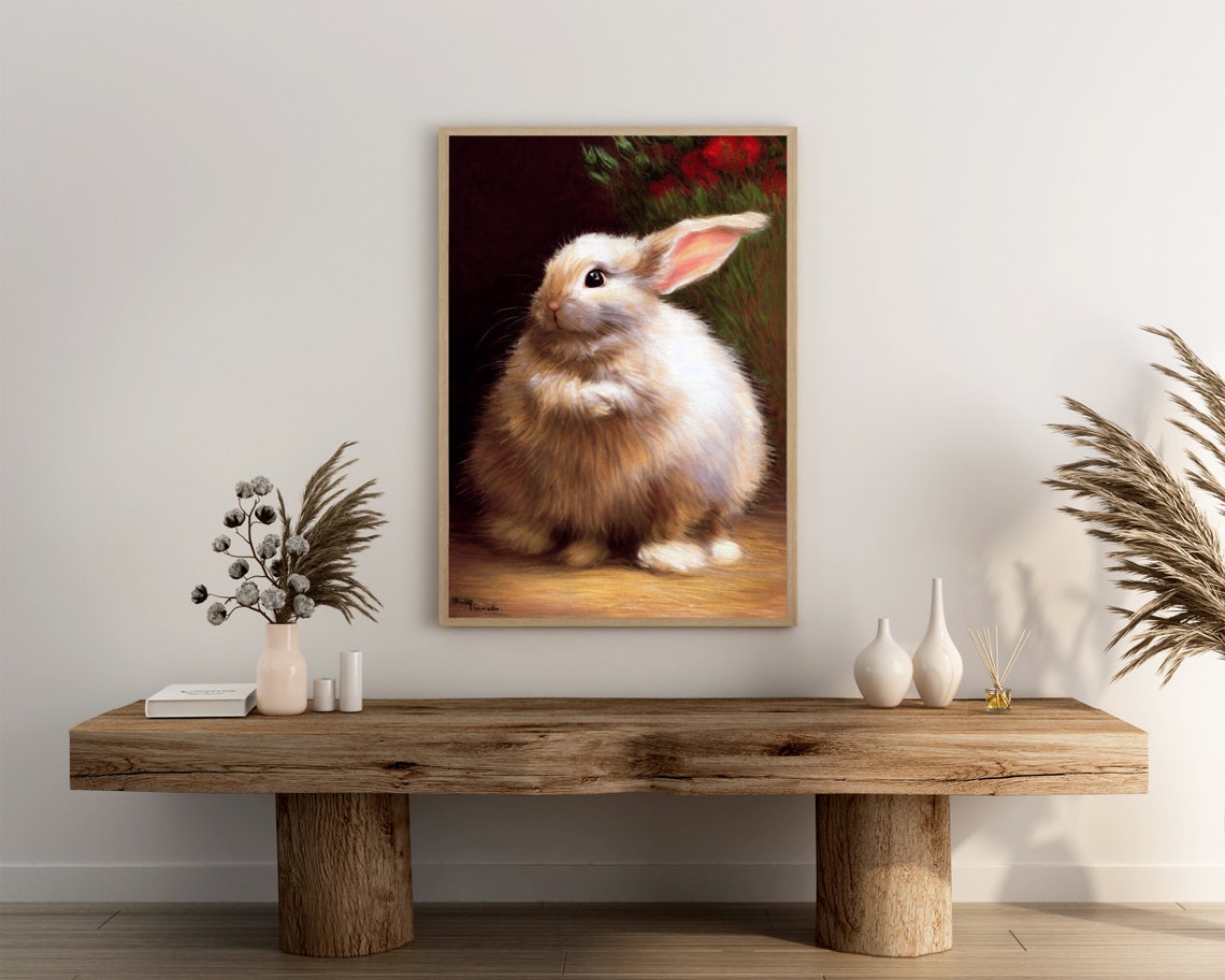 Fluffy Cream Baby Bunny Rabbit Oil Painting Vintage Art Poster - Image 3