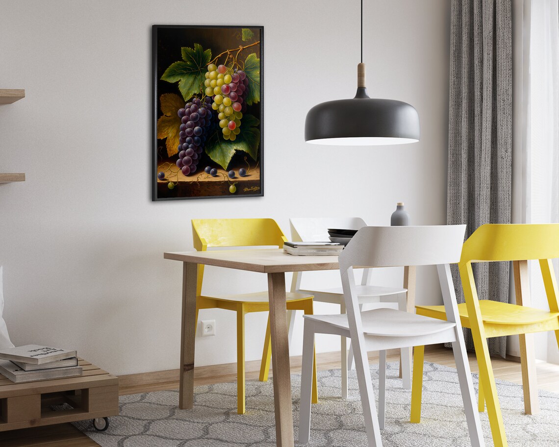 Classic Still Life of Grapes on the Vine With Leaves Dark Background Poster - Image 2