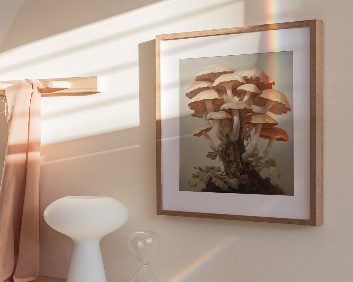 Cluster of Cream Mushrooms on Tree Stump Vintage Botanical Painting Poster - Image 3