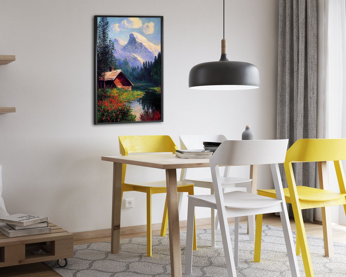 Rustic Cabin by a Lake With Snow Capped Mountain Impressionist Poster - Image 2