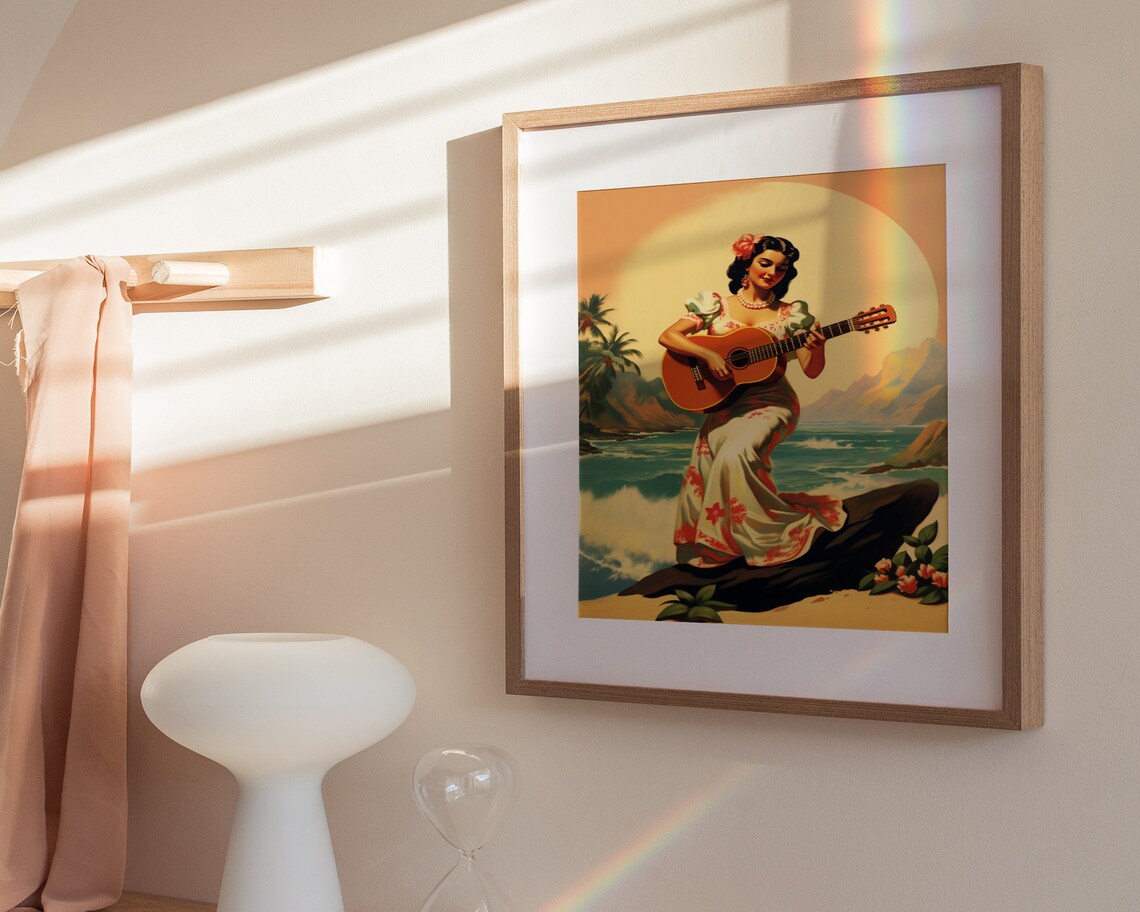 Vintage Mexican Guitarist Tropical Beach Sunset Latin Art Poster - Image 3
