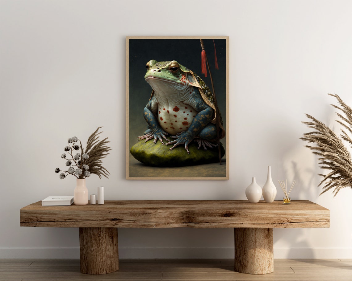 Japanese Frog Sage With Cloak and Staff Resting on a Mossy Rock Poster - Image 3
