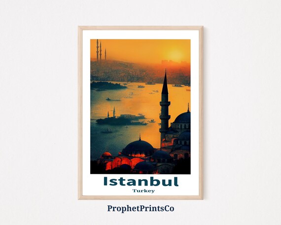Istanbul Turkey Sunset Over Bosphorus Mosque Silhouettes Art Poster