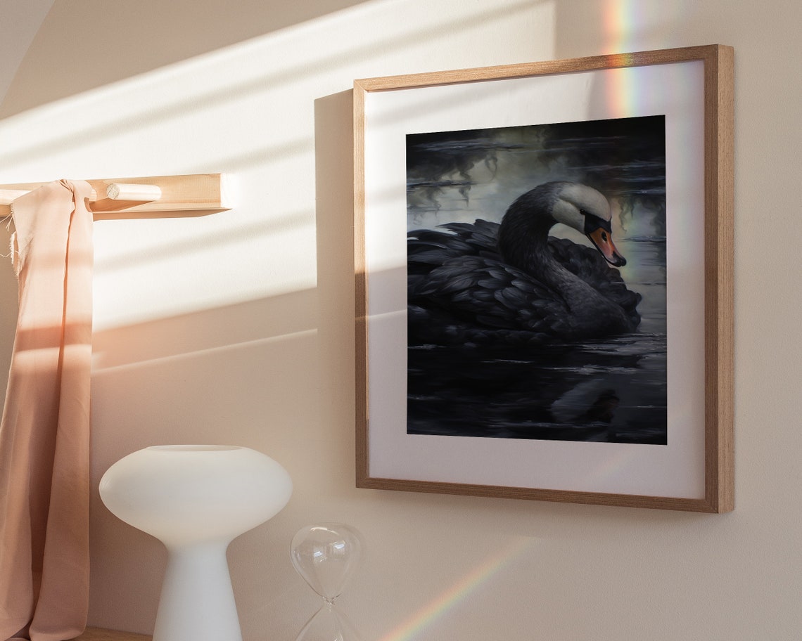 Elegant Black Swan Preening on Misty Dark Water Painting Poster - Image 3