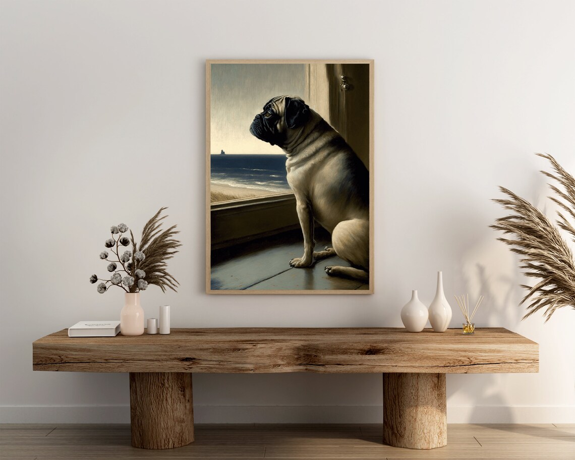 Pug Dog Profile Looking At Ocean Through Window Antique Oil Art Poster - Image 3
