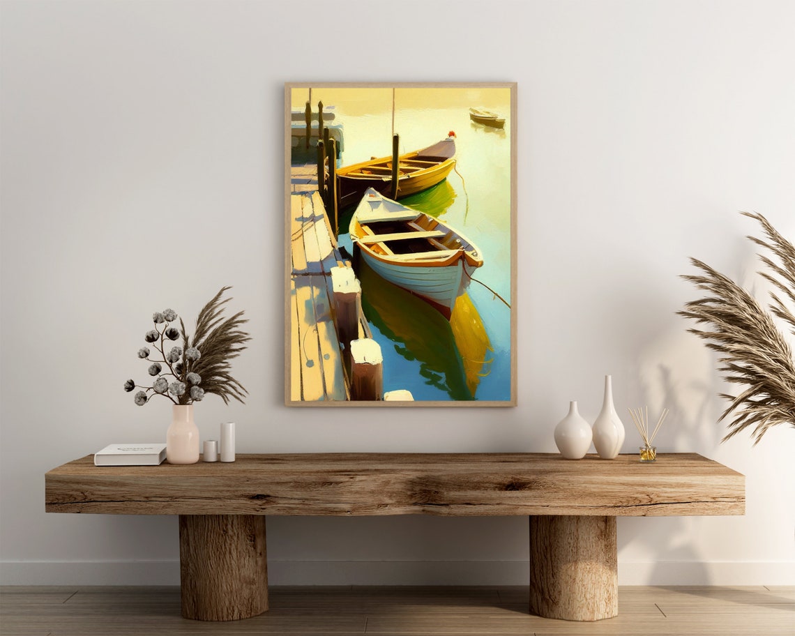 Sunny Rowboats At Wooden Dock Harbor Water Reflection Coastal Poster - Image 3