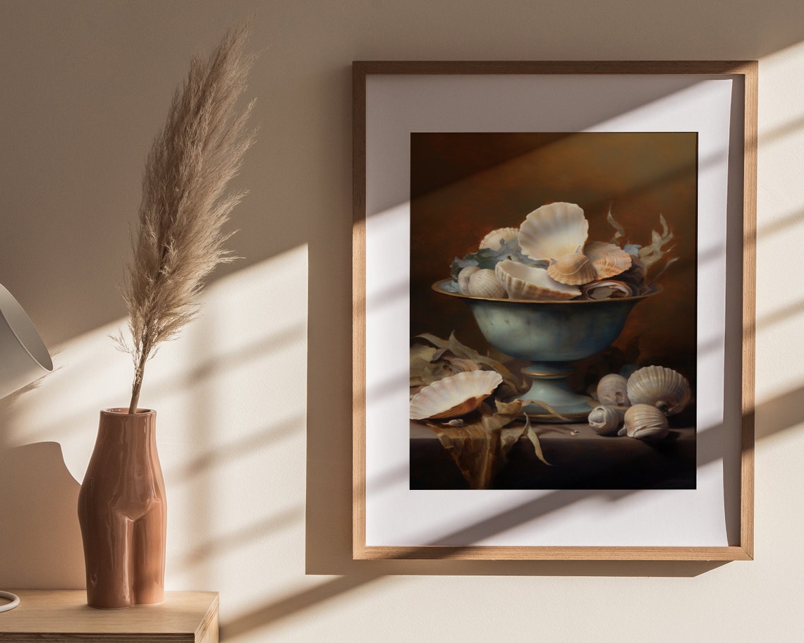 Seashell Bowl Blue Grey Footed Bowl Moody Still Life Art Poster - Image 4