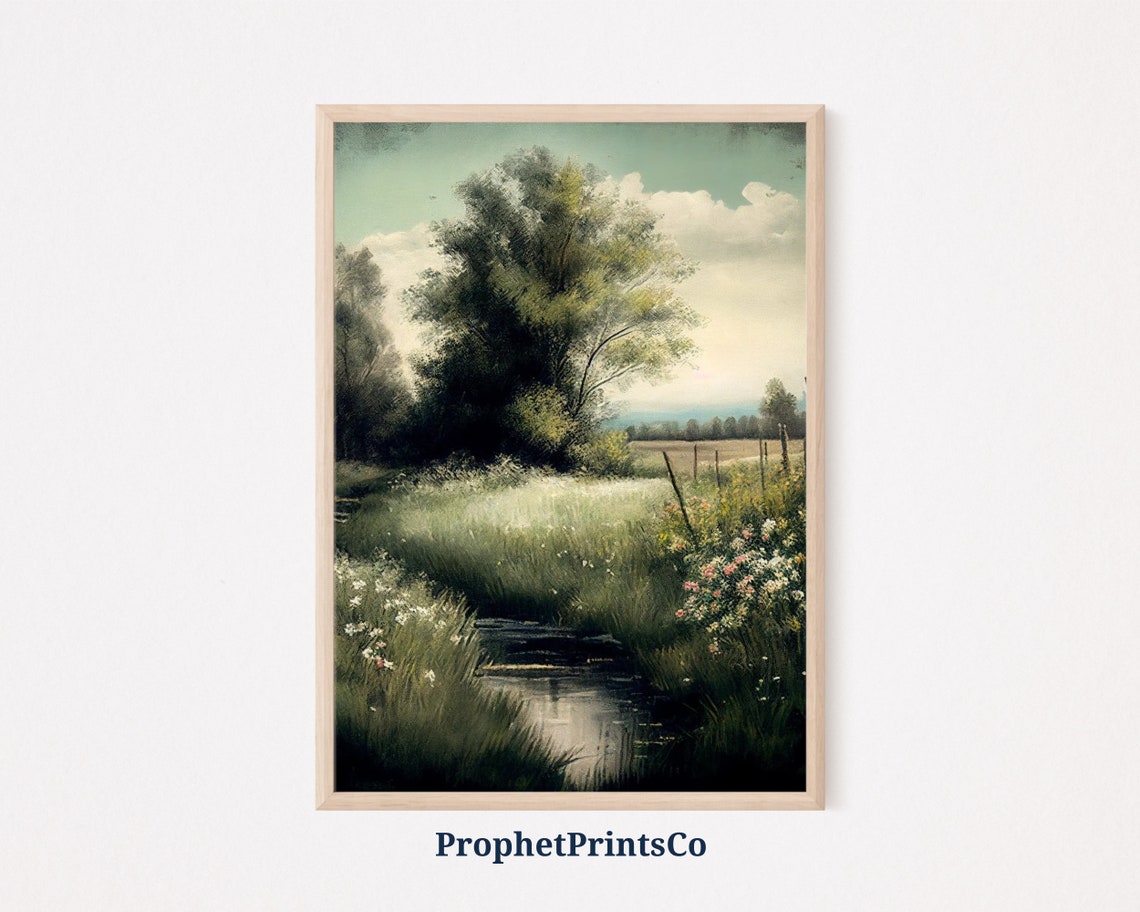 Vintage Meadow Stream Big Tree Wildflowers Countryside Poster