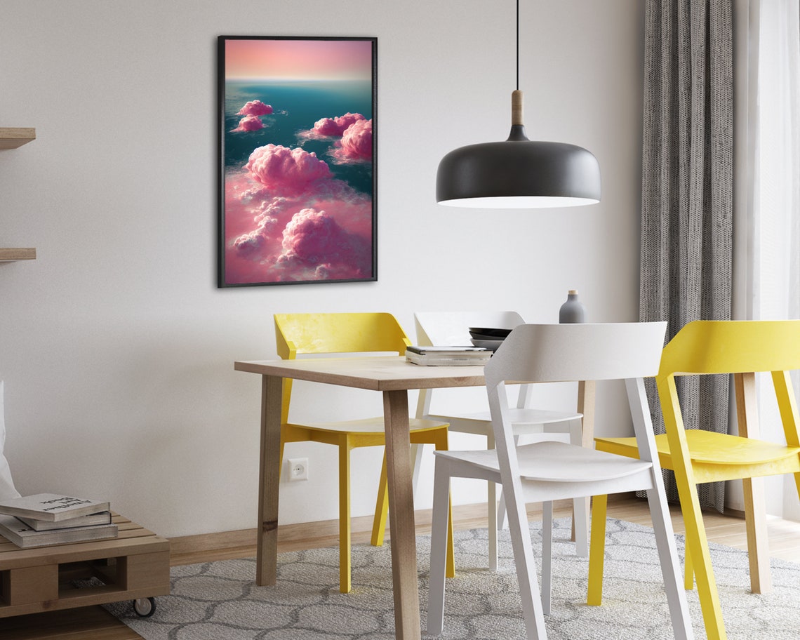 Pink Clouds Over Teal Ocean Dreamy Aesthetic Sunset Sky Poster - Image 2