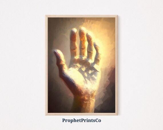 Hand Reaching Up Toward Heavenly Golden Light Oil Painting Poster