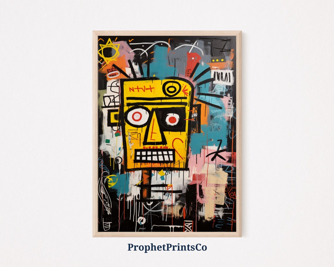 Basquiat Inspired Yellow Tribal Face Graffiti Bold Urban Art Poster