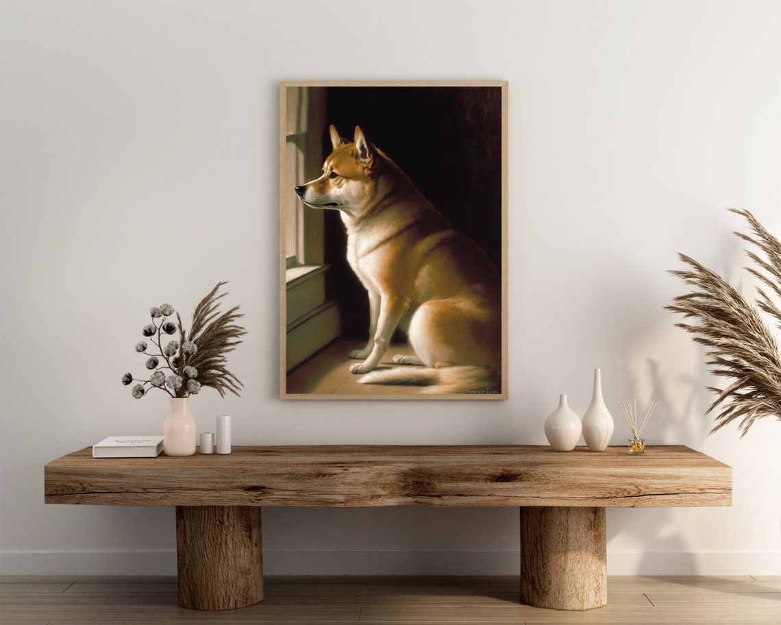 Regal Shiba Inu Gazing Out Window in Dramatic Light Dog Poster - Image 3