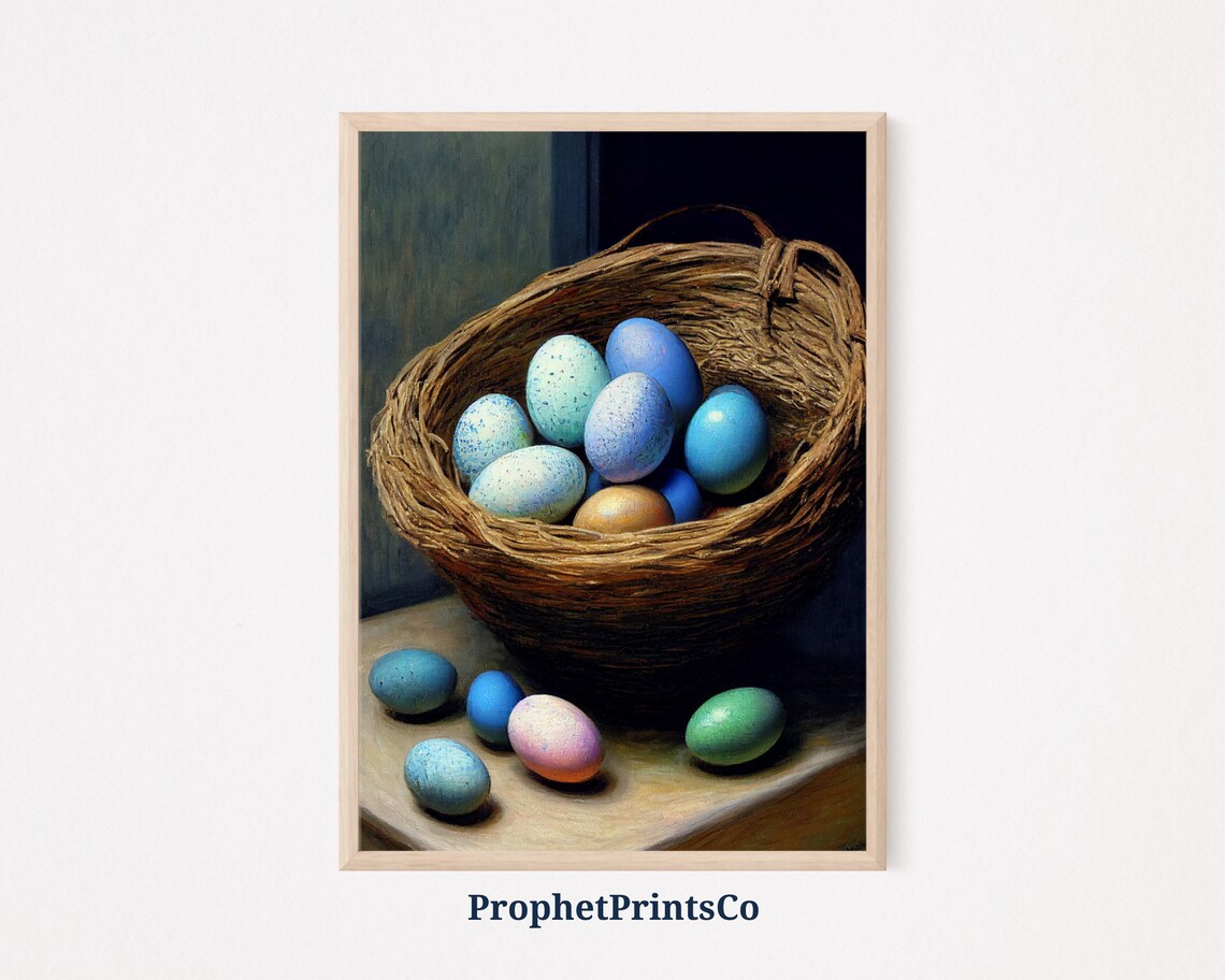 Blue Speckled Eggs in a Woven Basket Still Life Oil Painting Poster