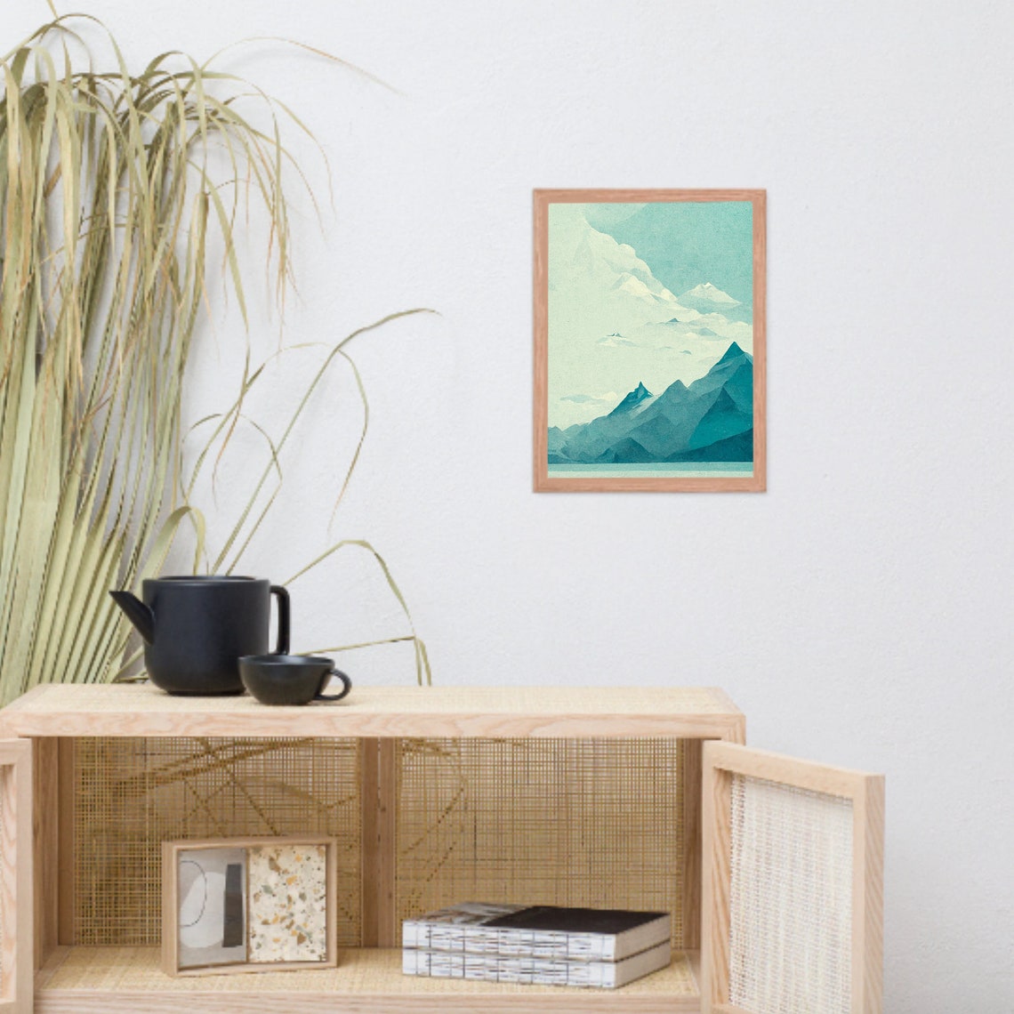 Teal Mountain Peaks Minimalist Watercolor Landscape Serene Poster - Image 2