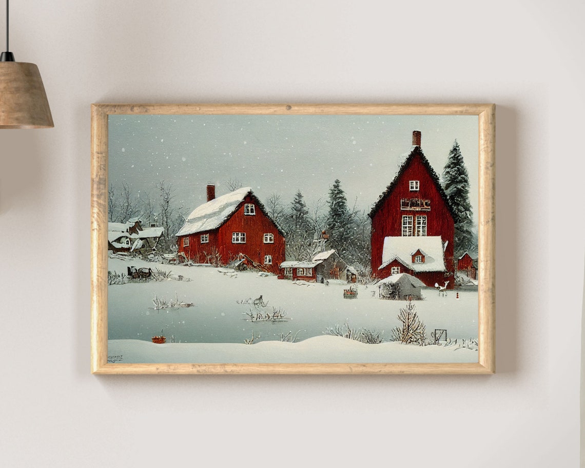 Red Scandinavian Barns in Snow Vintage Winter Landscape Poster - Image 2