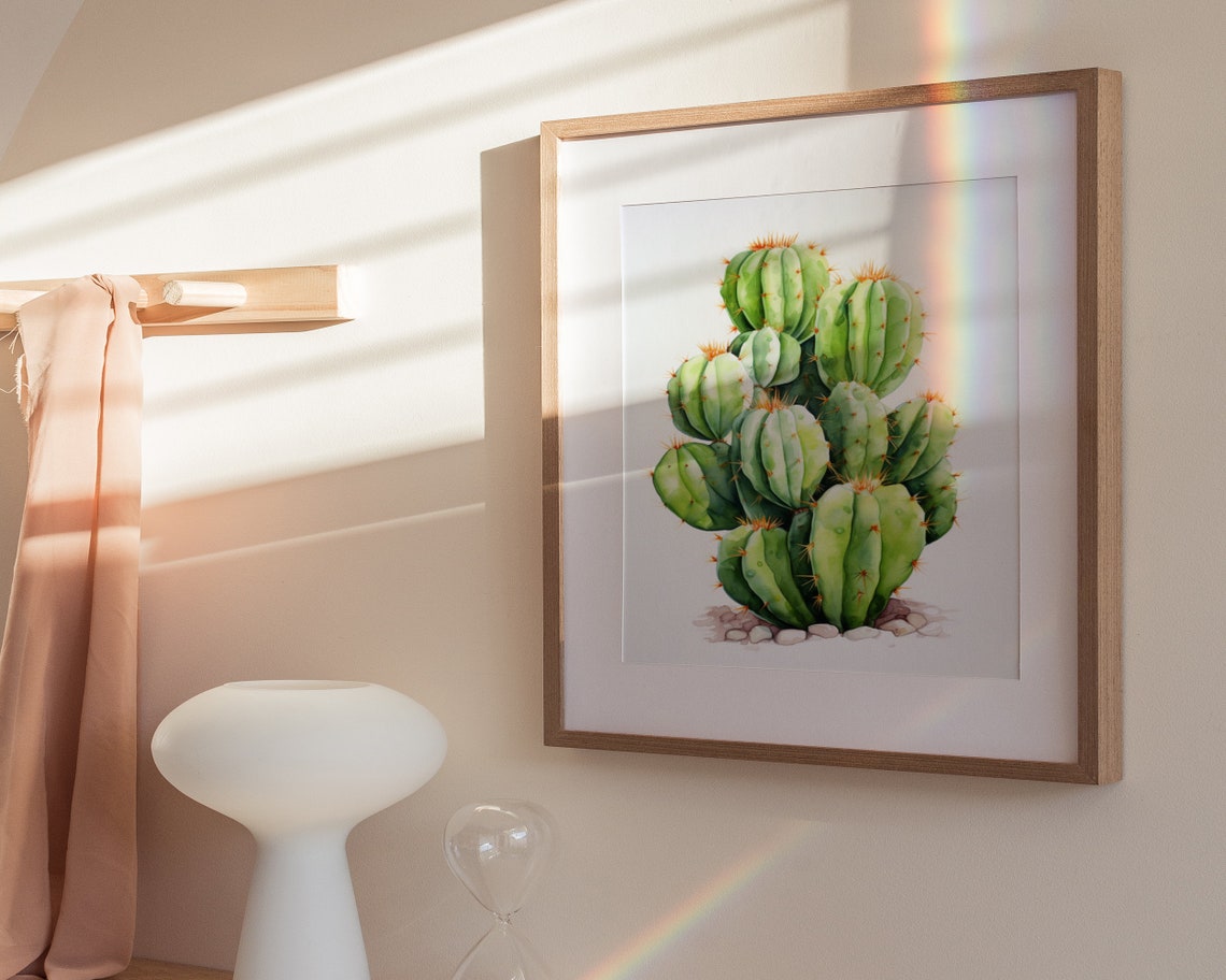 Green Barrel Cactus Cluster Watercolor Southwestern Art Poster - Image 3