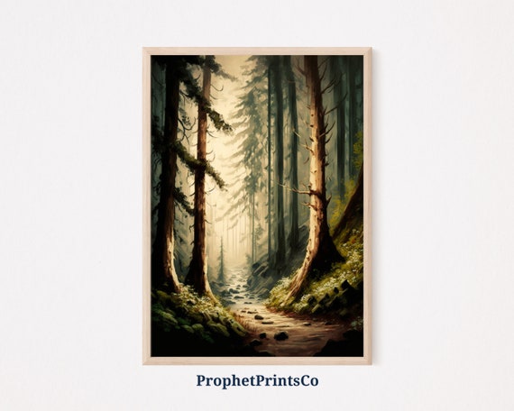 Rustic Forest Oil Painting Print Pine Tree Wall Art Nature Lover Gift Foggy Forest Home Dcor Wall Art Digitial