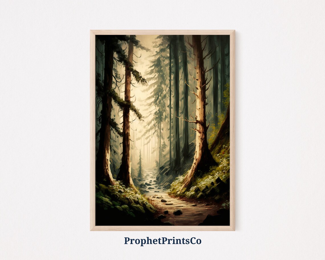 Tall Pine Forest Path In Soft Morning Light Woodland Painting Poster