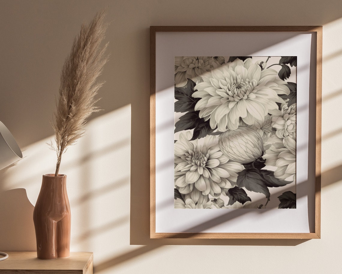 Giant White Dahlia Flowers Soft Monochrome Botanical Art Poster - Image 4