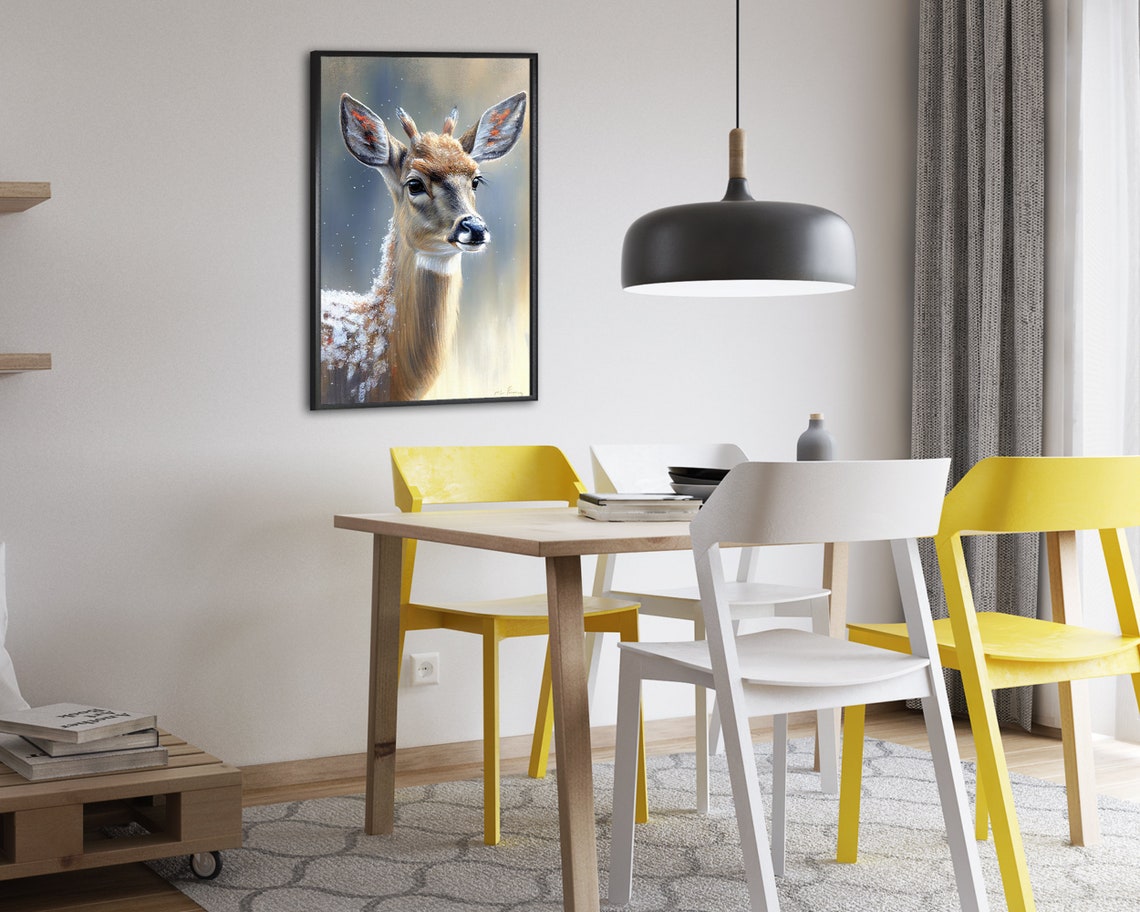 Whitetail Deer Portrait in Soft Falling Snow Winter Painting Poster - Image 2